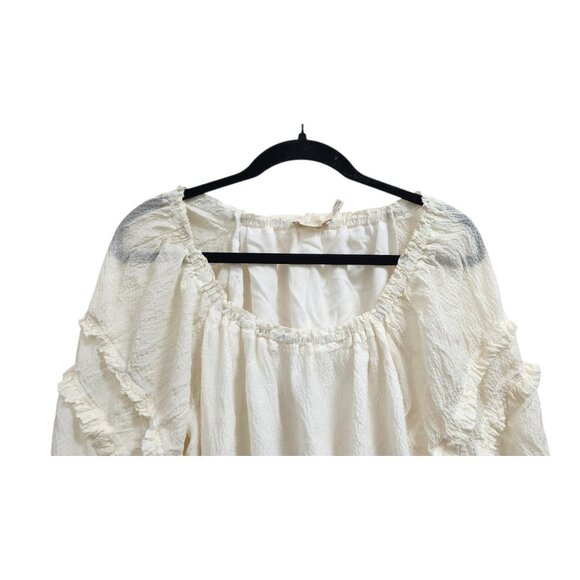Ramy Brook Cream Ruffle Peasant Blouse M Puff Sleeve Boho Chic Crinkle Top Silk - Picture 3 of 9